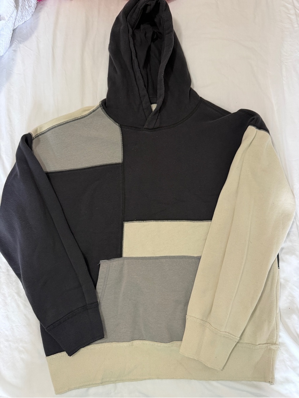 Hollister Men's Colorblock Crewneck Hoodie - Black, Gray, Cream